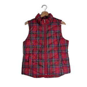Lands' End Red Plaid Puffer Vest